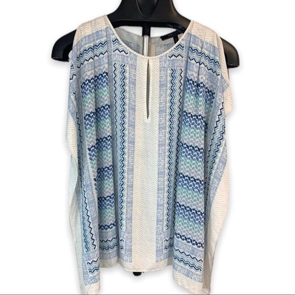 BCBGMaxAzria Women's S Blue Coastal Kaili Keyhole Blouse Geometric Chevron Flowy - Picture 1 of 10
